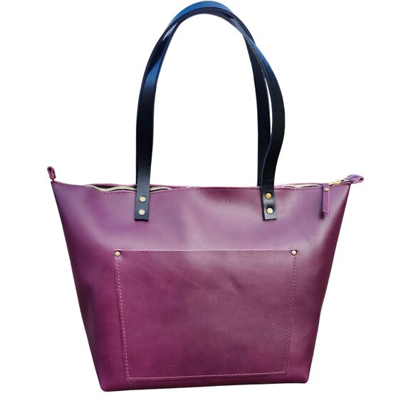 Portland Leather Lollipop Large Zippered Tote Bag Smooth Purple Black Handles - Picture 1 of 10